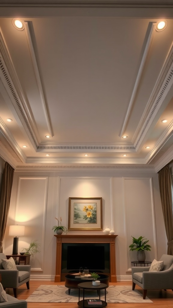 Living room featuring a tray ceiling with elegant moldings and soft lighting.