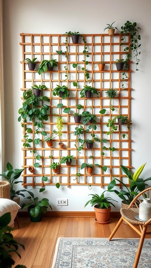 A wooden trellis wall displaying various indoor plants in pots