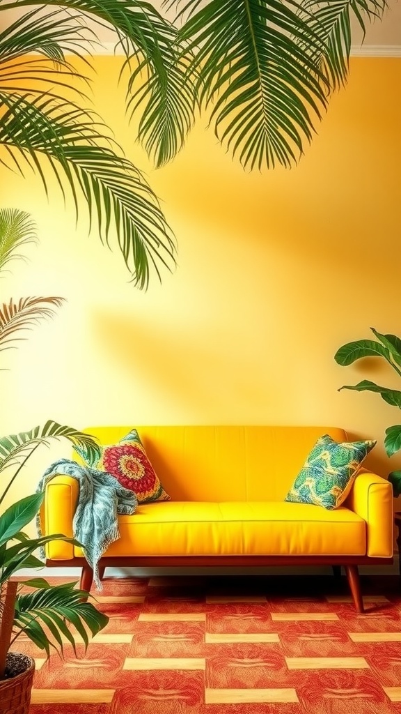 A bright yellow couch with colorful pillows surrounded by tropical plants in a warm living room setting.