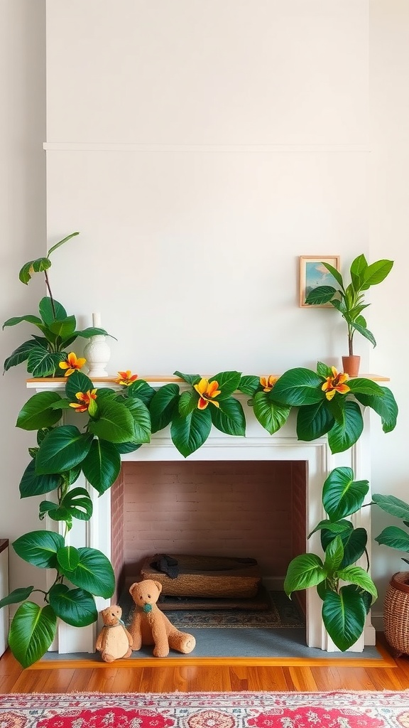 A beautifully arranged tropical leaf mantle decoration with large leaves and bright flowers.