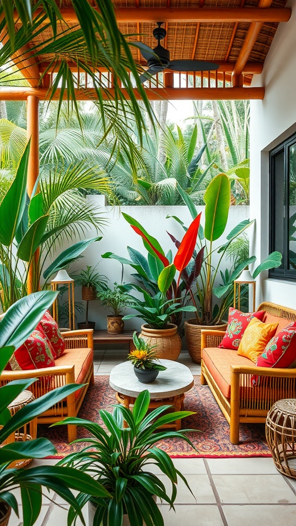 A tropical outdoor living room with rattan furniture, colorful cushions, and lush greenery.