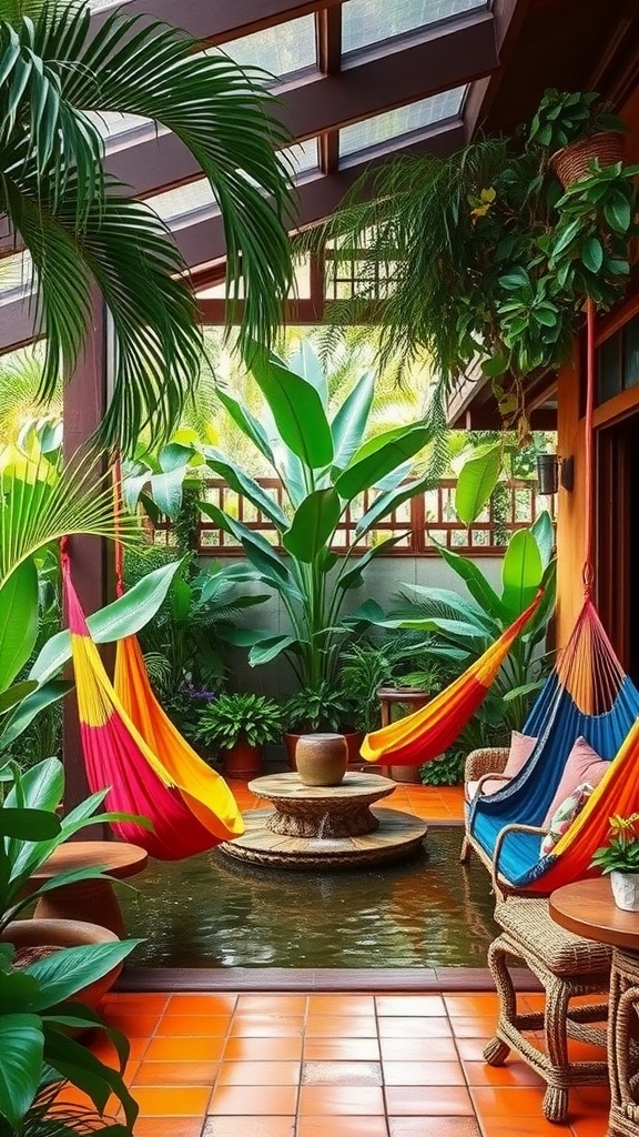 A vibrant tropical outdoor living room with colorful hammocks, lush plants, and a serene fountain.