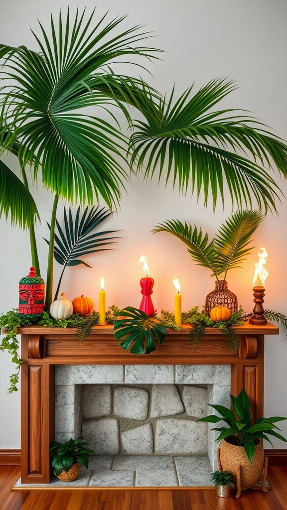 A tropical-themed mantel decorated with palm leaves, colorful candles, and pumpkins.