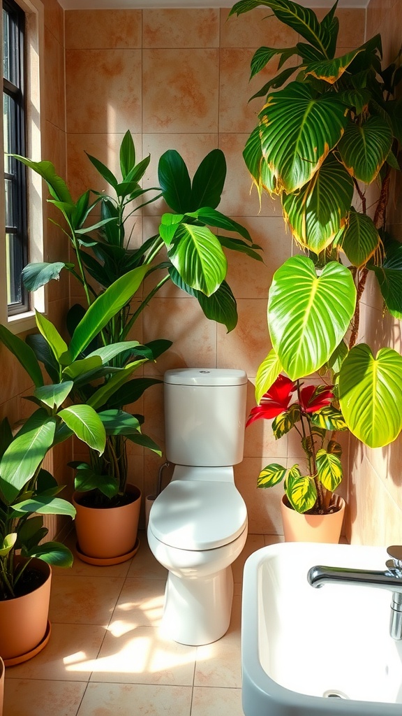 A bright bathroom decorated with tropical plants surrounding a toilet and bathtub.