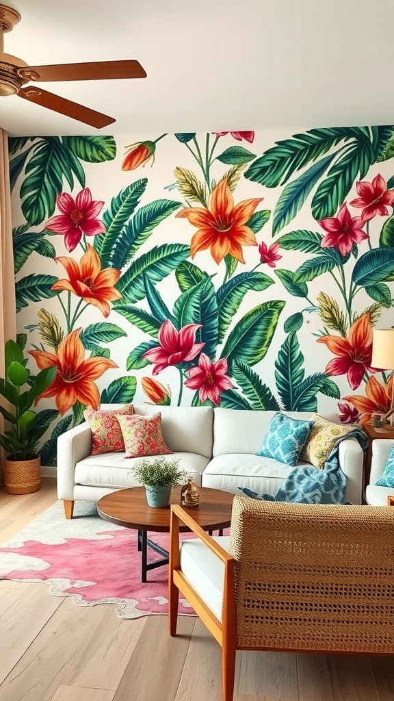 Living room featuring a tropical print accent wall with colorful flowers and leaves, complemented by light furniture and decorative pillows.