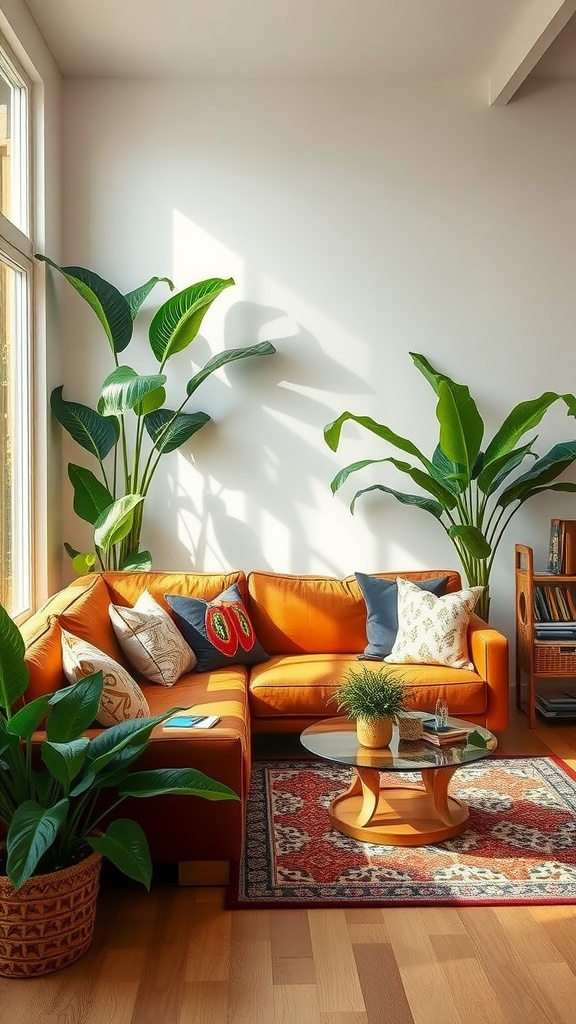 Living room with a brown couch, tropical plants, and a cozy coffee table