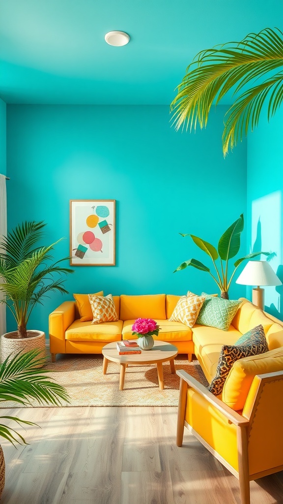 A vibrant tropical living room with turquoise walls, a yellow couch, and green plants.