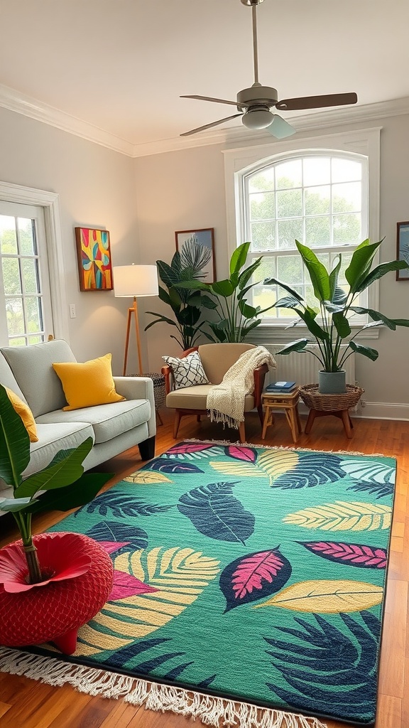 A living room featuring a colorful tropical theme rug with leaf patterns, light grey sofa, and indoor plants.