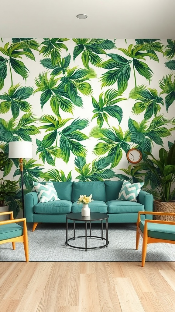 A living room with palm leaf wallpaper featuring a teal sofa and tropical plants.