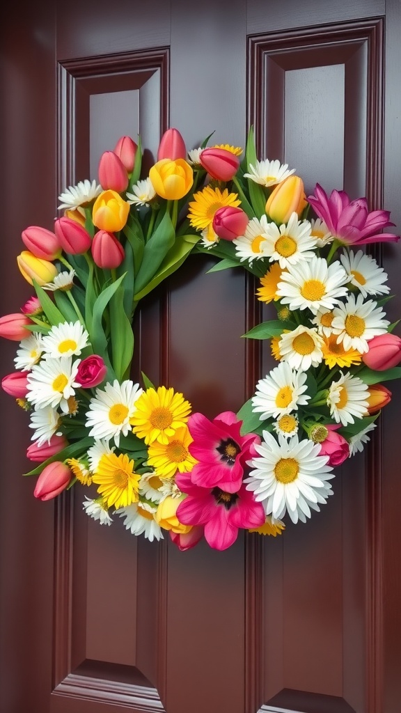 A colorful spring wreath made of tulips and daisies, hanging on a brown door.