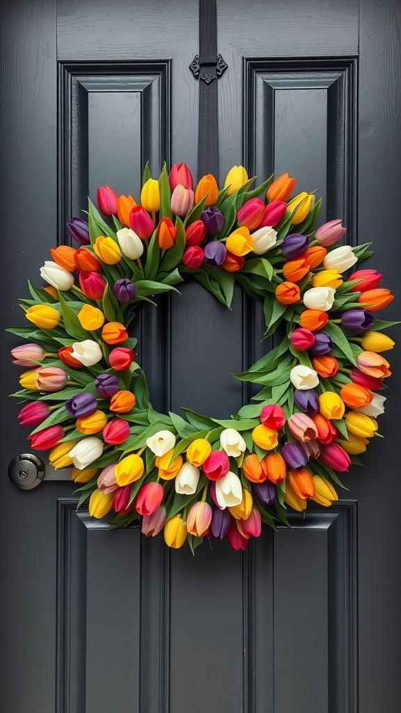 A colorful tulip wreath made with various shades of tulips and green leaves, hanging on a dark front door.