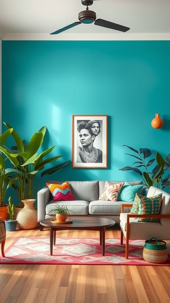 Living room with a turquoise accent wall, grey sofa, colorful cushions, plants, and a round coffee table.