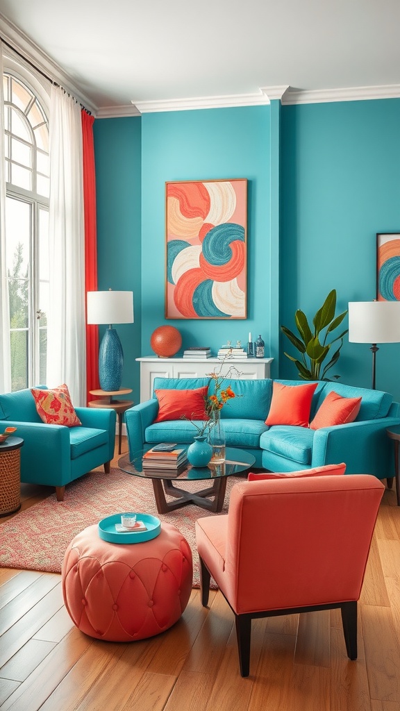 A vibrant living room featuring turquoise walls, coral accents in furniture, and colorful artwork.