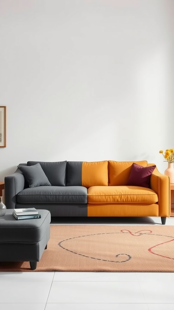 A stylish two-tone sofa in gray and orange with a cozy area rug.