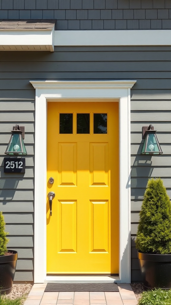 A bright yellow door with four panels and glass windows, set against gray siding with modern light fixtures and potted shrubs.