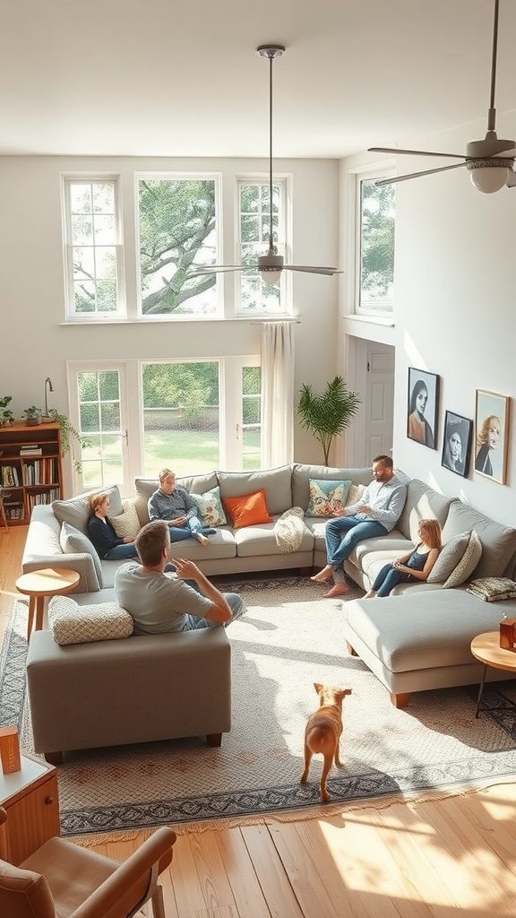 A cozy living room with a U-shaped sectional sofa, where friends are gathered, enjoying each other's company.