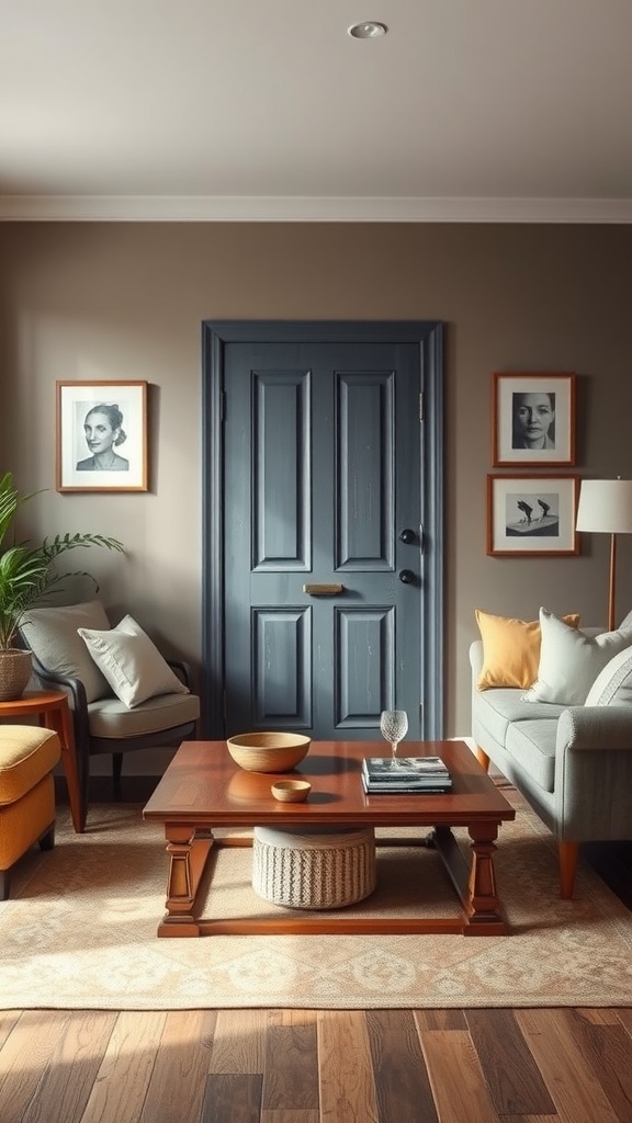 A stylish living room featuring a wooden coffee table with decorative items, surrounded by cozy seating and artwork.