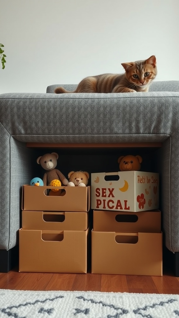 A cozy living room with a cat on the couch and colorful toy storage boxes underneath.