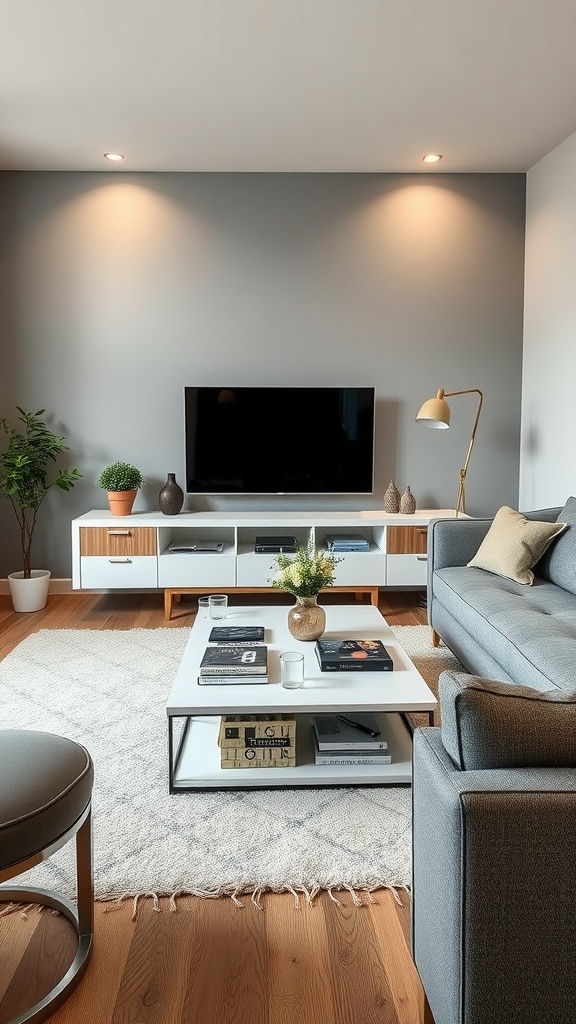 A modern living room with a TV, stylish coffee table, and storage options under the furniture.