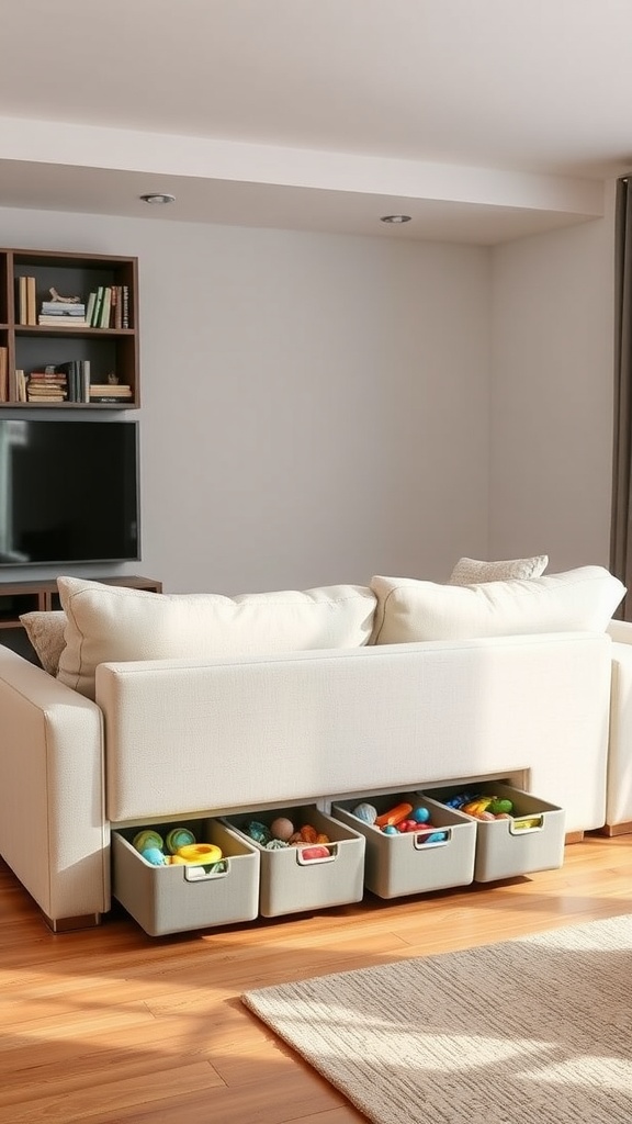 A living room with a modern sofa and colorful toy storage bins underneath.