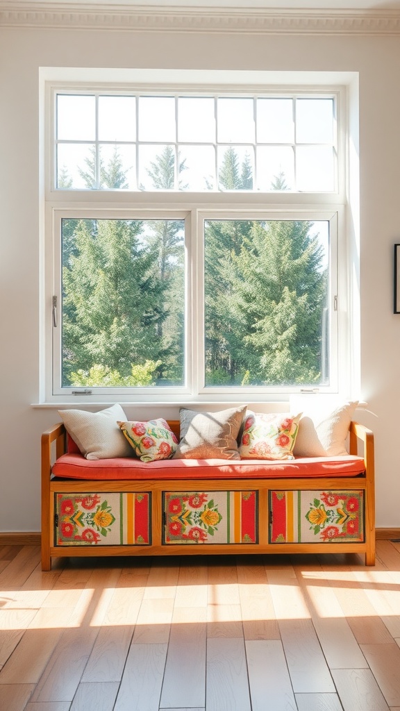 A colorful under-window storage bench with cushions, illuminated by sunlight.