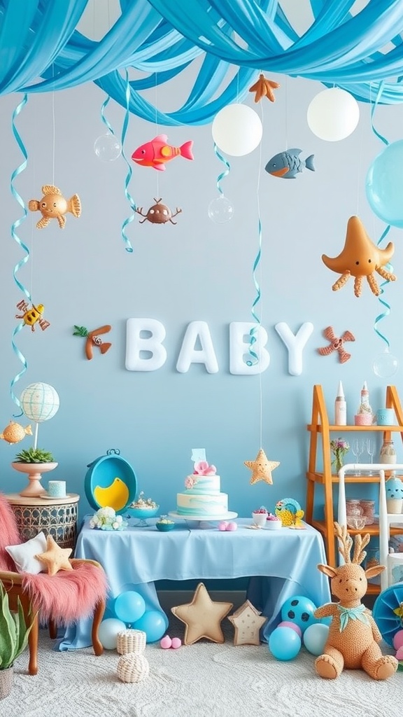 A vibrant Under the Sea Adventure baby shower setup with decorations including sea creatures, balloons, and a cake.