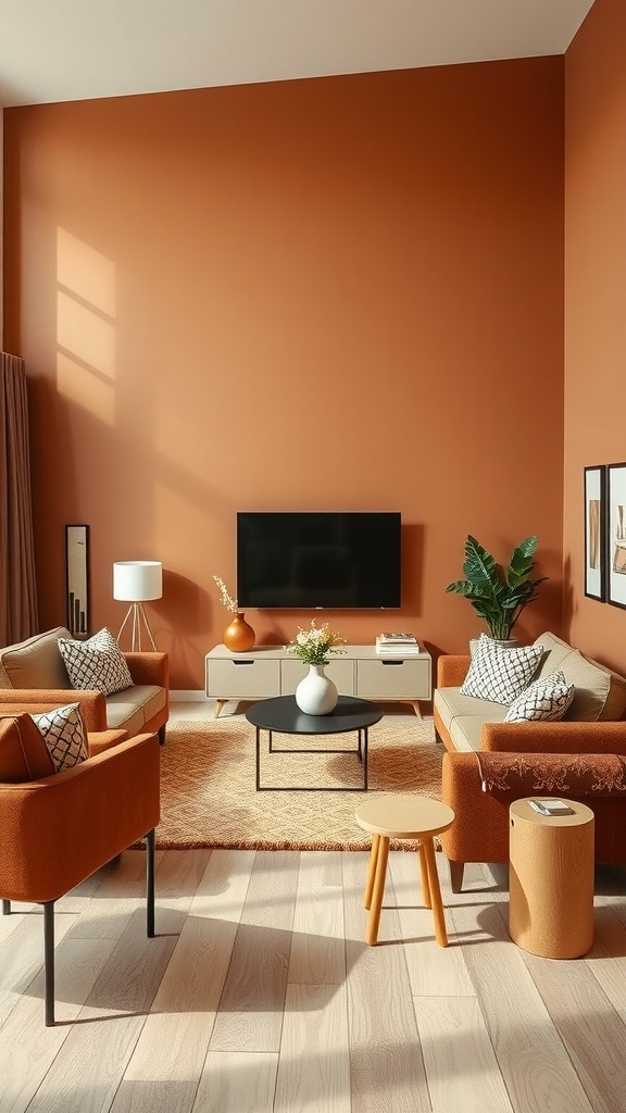 Cozy living room with a brown color scheme, accent wall, and modern furniture