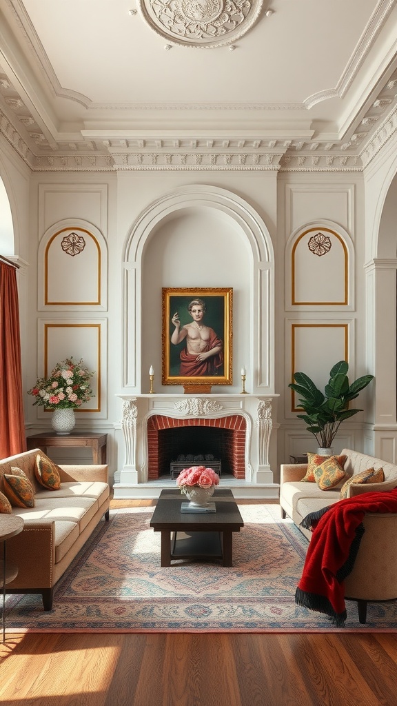 A formal living room with high ceilings, decorative medallions, and elegant furnishings.