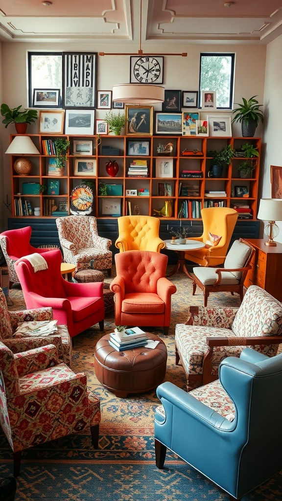 A cozy living room featuring a variety of unique armchairs in different styles and colors, surrounded by bookshelves and decorative elements.