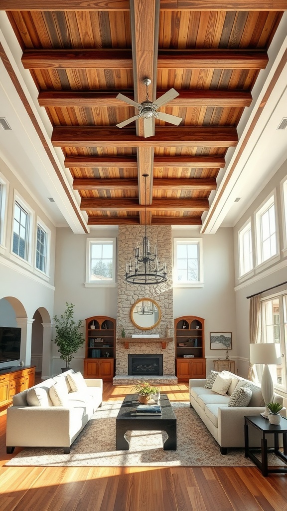 A spacious living room with wooden ceiling beams and a stylish decor featuring a stone fireplace.