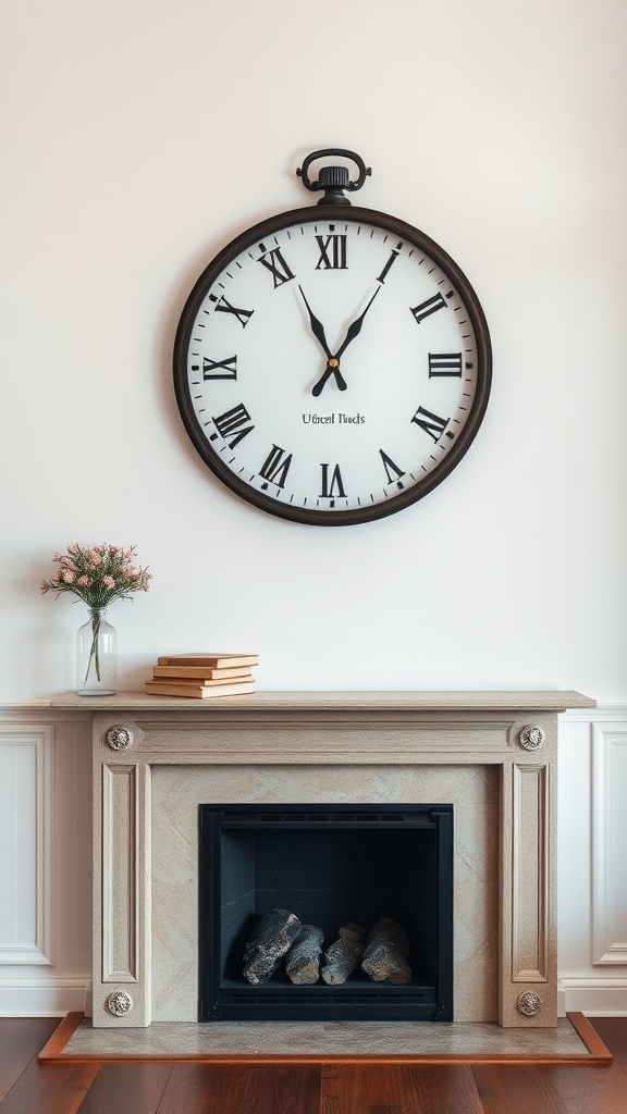 A large round clock with Roman numerals above a simple fireplace adorned with books and a vase of flowers.