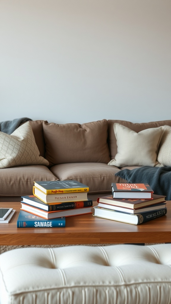 A cozy living room with a coffee table stacked with unique books next to a soft couch.