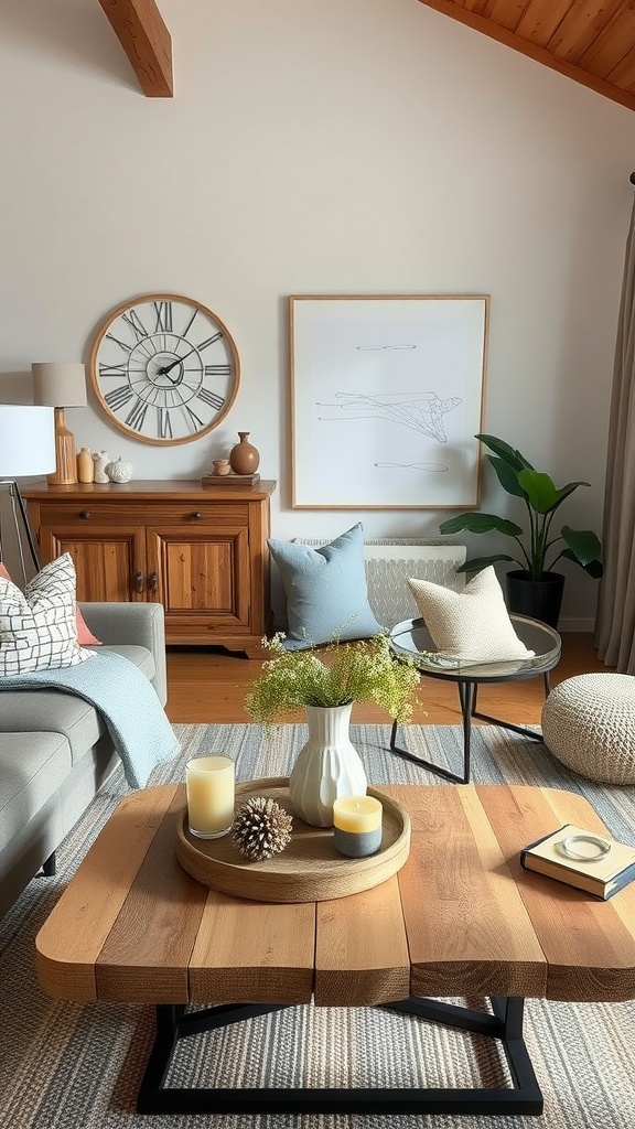 A cozy living room with a rustic coffee table decorated with candles, a vase of flowers, and a pinecone.