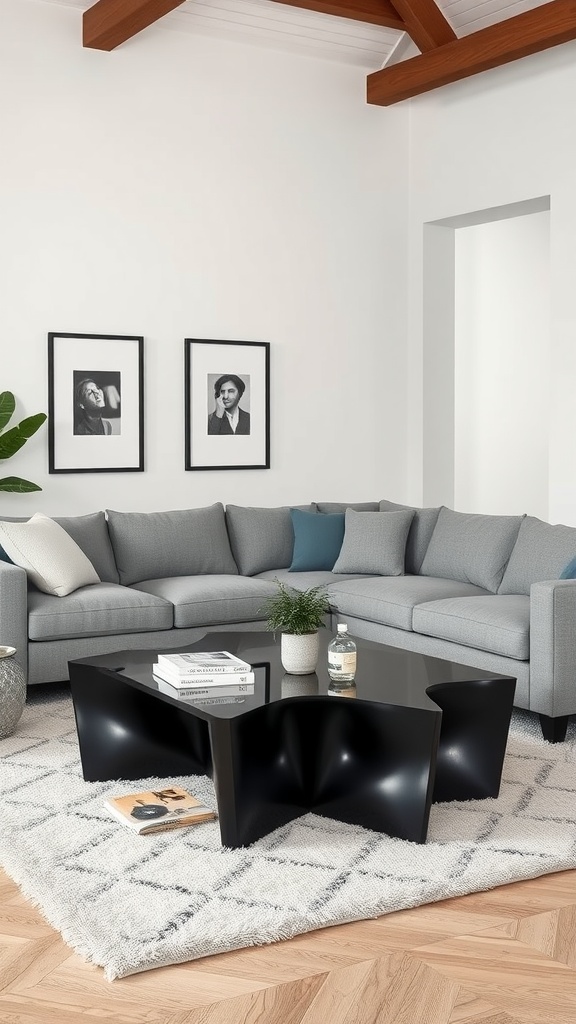 A modern black coffee table with a geometric design, surrounded by a grey sectional sofa in a stylish living room.