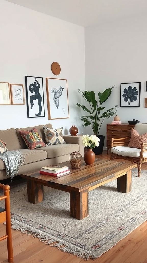 A boho-style living room featuring a wooden coffee table, cozy couch, and vibrant decorative elements.