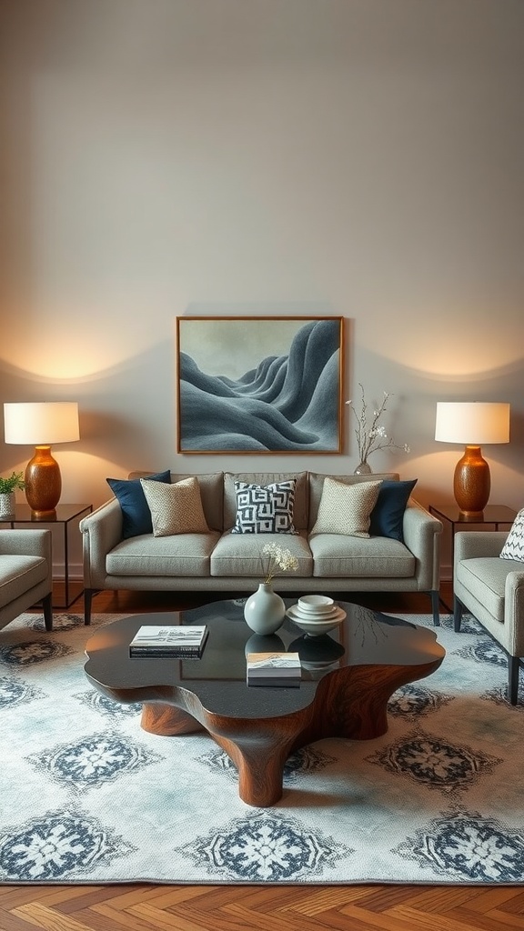 A cozy Mid Century Boho living room featuring a unique coffee table with a wood and stone design.