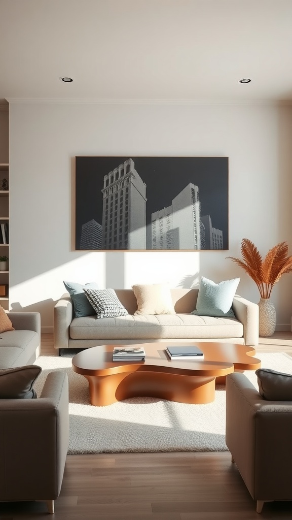 A stylish minimalist living room featuring a unique coffee table and cozy seating.