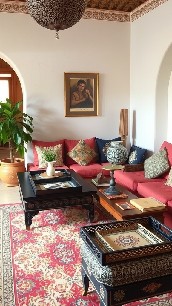 A Moroccan living room featuring unique decorative trays on coffee tables, showcasing intricate designs and a cozy atmosphere.