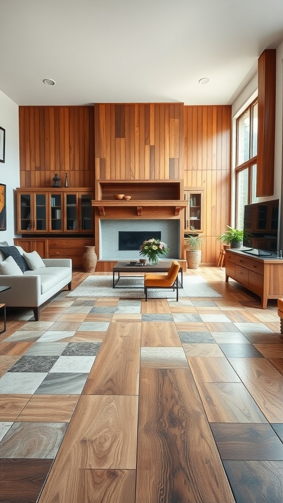 A large living room featuring unique mixed flooring with wood and patterned tiles.