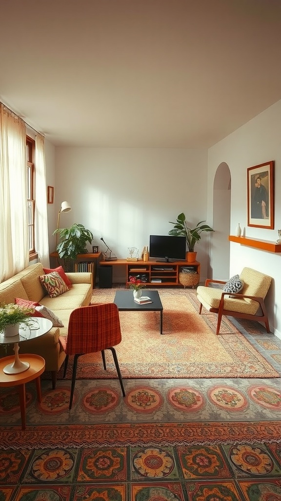 A stylish sunken living room featuring unique patterned flooring and vibrant decor.