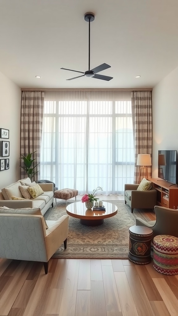 A modern boho living room showcasing unique furniture arrangements with a light color palette and natural light.