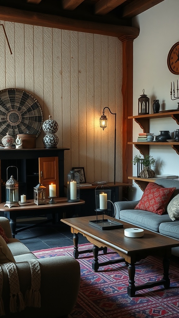 A cozy living room featuring unique lanterns, candles on tables, and a warm color palette.