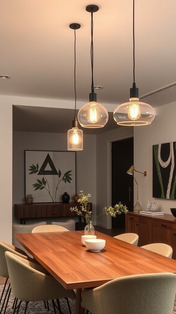 Three unique hanging light fixtures over a wooden dining table in a stylish living room-dining room setting.