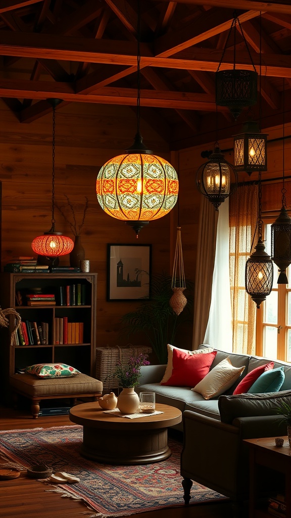 A boho living room featuring an array of unique lighting fixtures, including colorful pendant lights and decorative lanterns.