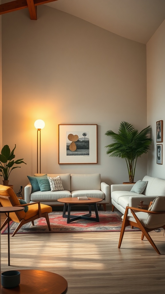 A midcentury modern living room featuring a stylish floor lamp as a focal point alongside comfortable seating and decorative elements.