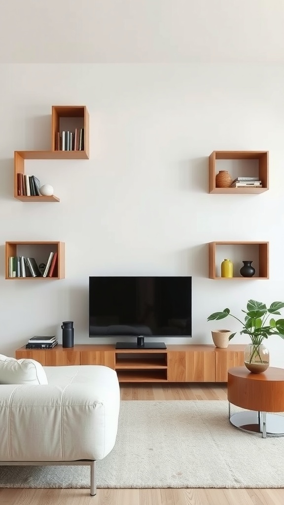 A living room featuring unique wall-mounted wooden shelves in various shapes, displaying books and decorative items, with a modern TV stand and a cozy seating arrangement.