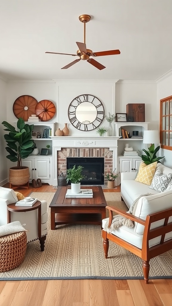 Cozy farmhouse style living room with unique statement pieces including a round mirror, wooden ceiling fan, and decorative wall wheels.