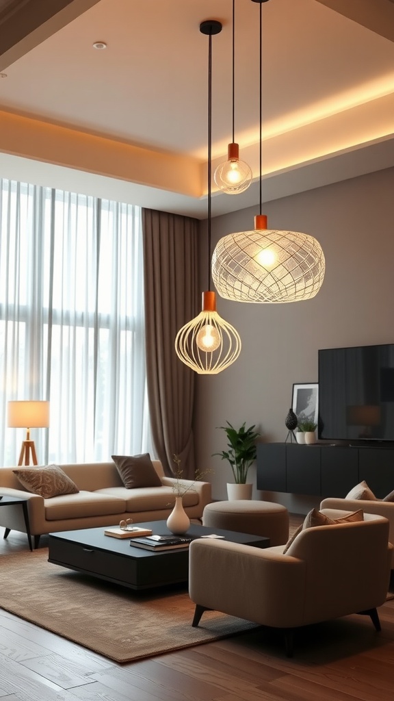 A stylish living room with unique pendant lights of different shapes hanging from the ceiling, showcasing modern decor.