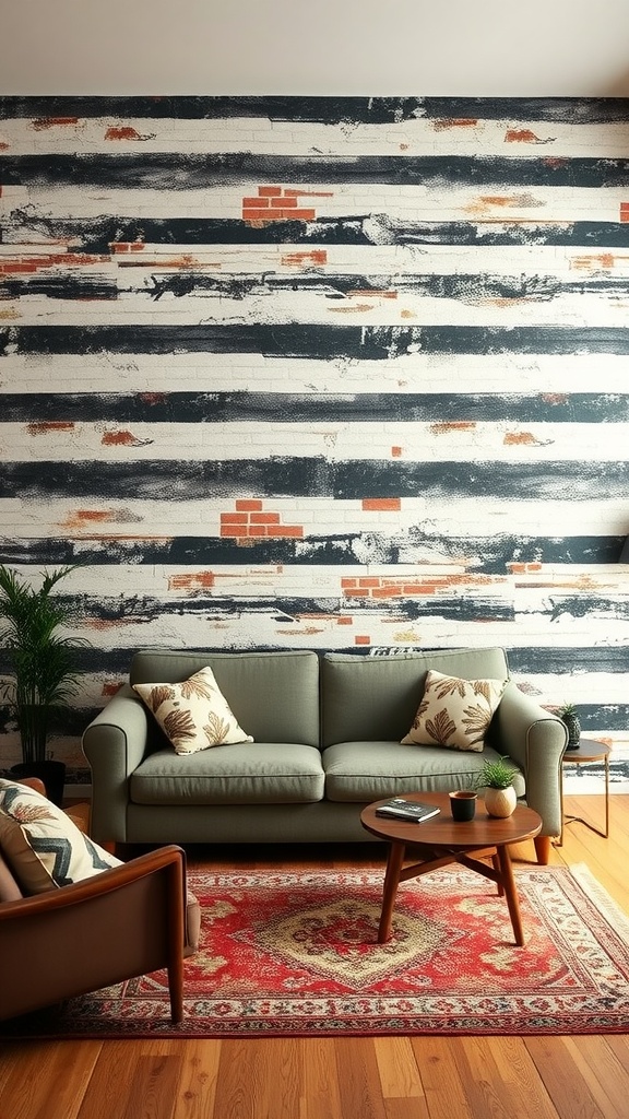 Living room with a unique striped wall treatment featuring exposed brick elements.