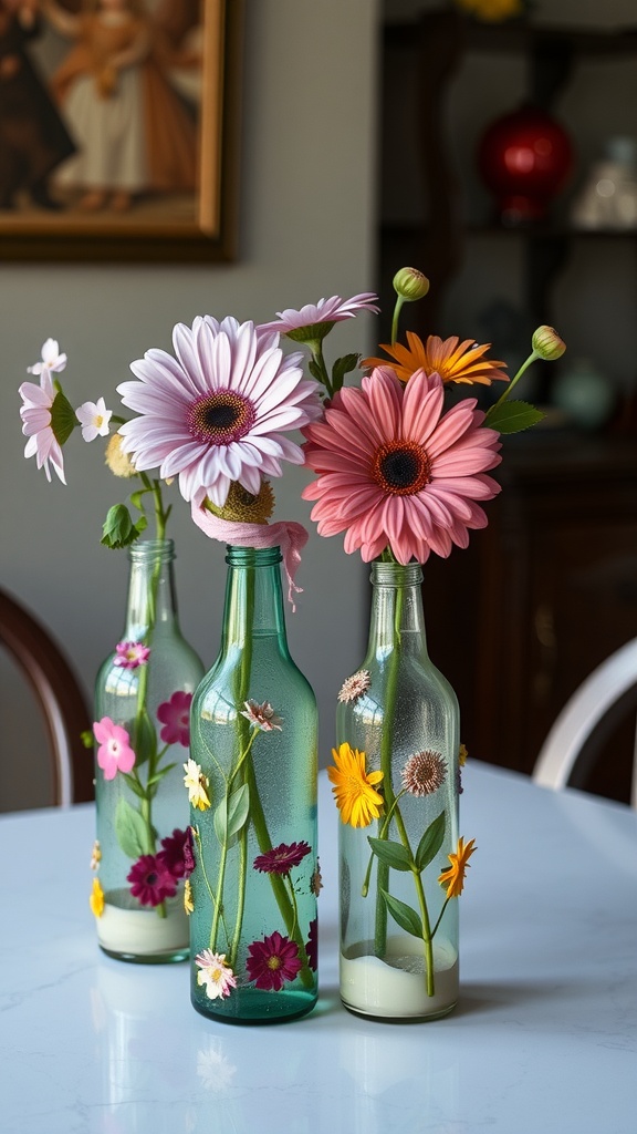 Three upcycled glass bottles decorated with flowers on a table.